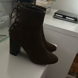 Like New Olive Green Suede Lace Up Boots Heels Wedges